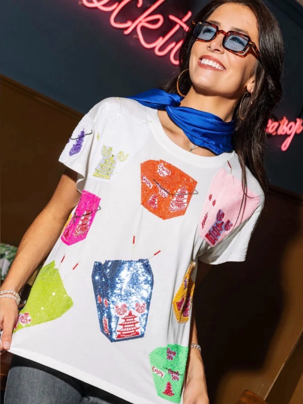 New! QUEEN OF SPARKLES White Multicolor Sequin Chinese Takeout Box Tee